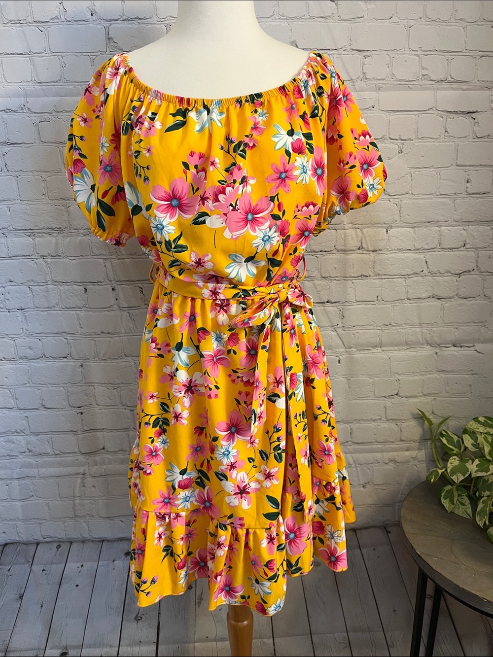 Shein Women's Yellow Floral Off-Shoulder Belted Dress